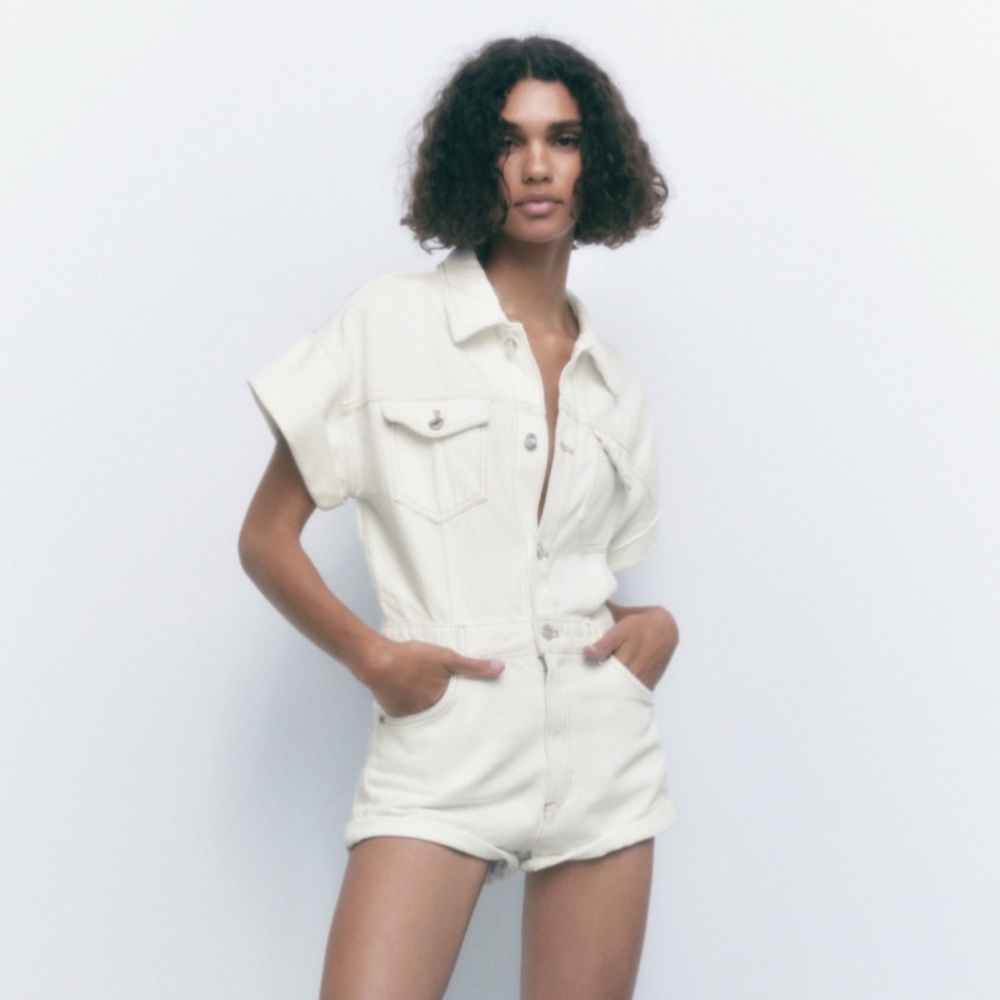 Zara Oyster White Denim Jumpsuit